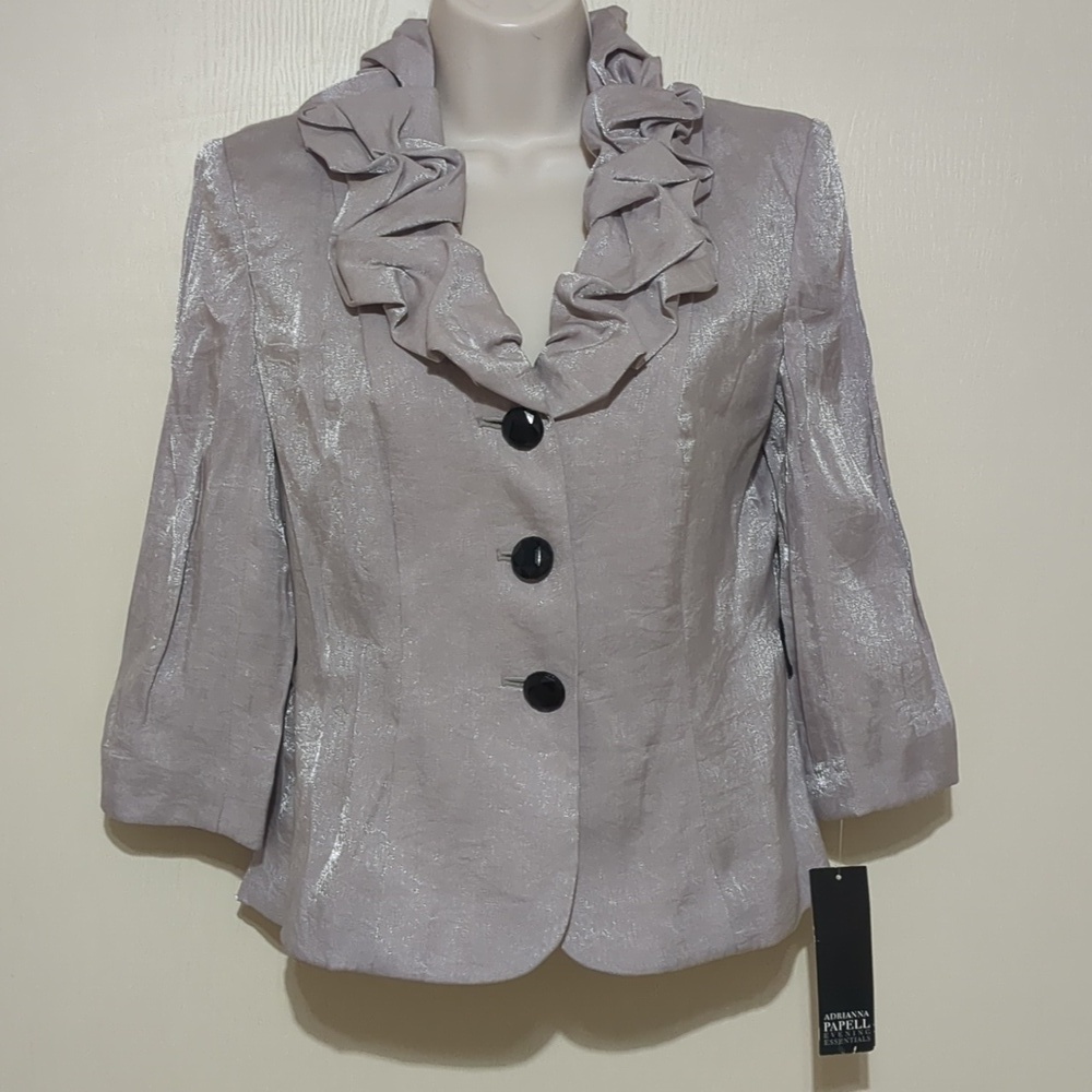 Adrianna papell evening essentials grey lilac metallic blazer jacket size 4